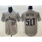 Los Angeles Dodgers #50 Mookie Betts Grey MWATKINS LA Gothic Style With 2025 World Series Champions Patch Limited Stitched Jersey
