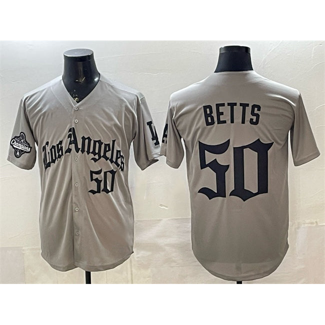 Los Angeles Dodgers #50 Mookie Betts Grey MWATKINS LA Gothic Style With 2025 World Series Champions Patch Limited Stitched Jersey