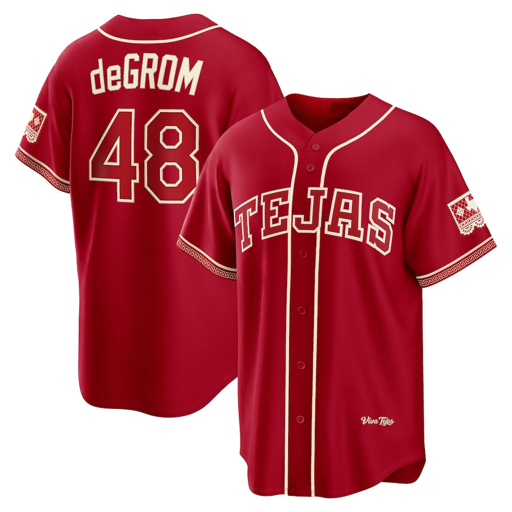 Texas Rangers #48 Jacob deGrom Red MWATKINS 2026 City Connect Stadium Jersey
