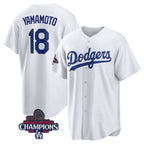 Los Angeles Dodgers #18 Yoshinobu Yamamoto White MWATKINS 2024 World Series Champions Cool Base Stitched Jersey