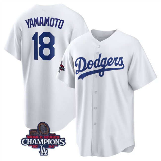 Los Angeles Dodgers #18 Yoshinobu Yamamoto White MWATKINS 2024 World Series Champions Cool Base Stitched Jersey
