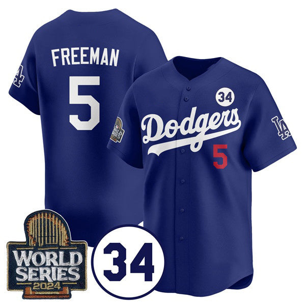Los Angeles Dodgers #5 Freddie Freeman Royal MWATKINS 2024 World Series With No. 34 Patch Cool Base Stitched Jersey