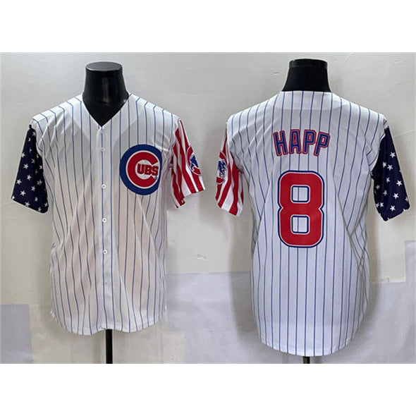 Chicago Cubs #8 Ian Happ White MWATKINS Pinstripe 2025 Independence Day Vapor Premier Limited Stitched Jersey