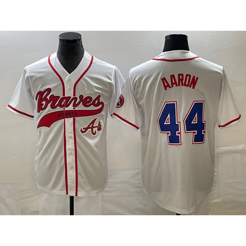 Atlanta Braves #44 Hank Aaron White MWATKINS Cool Base With Patch Stitched Jersey