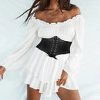 Women's Ruffles Romper Dress With Belt White A Line Long Sleeve Dress Off Shoulder Knee Length Ladies Elegant Dress Rave Outfits