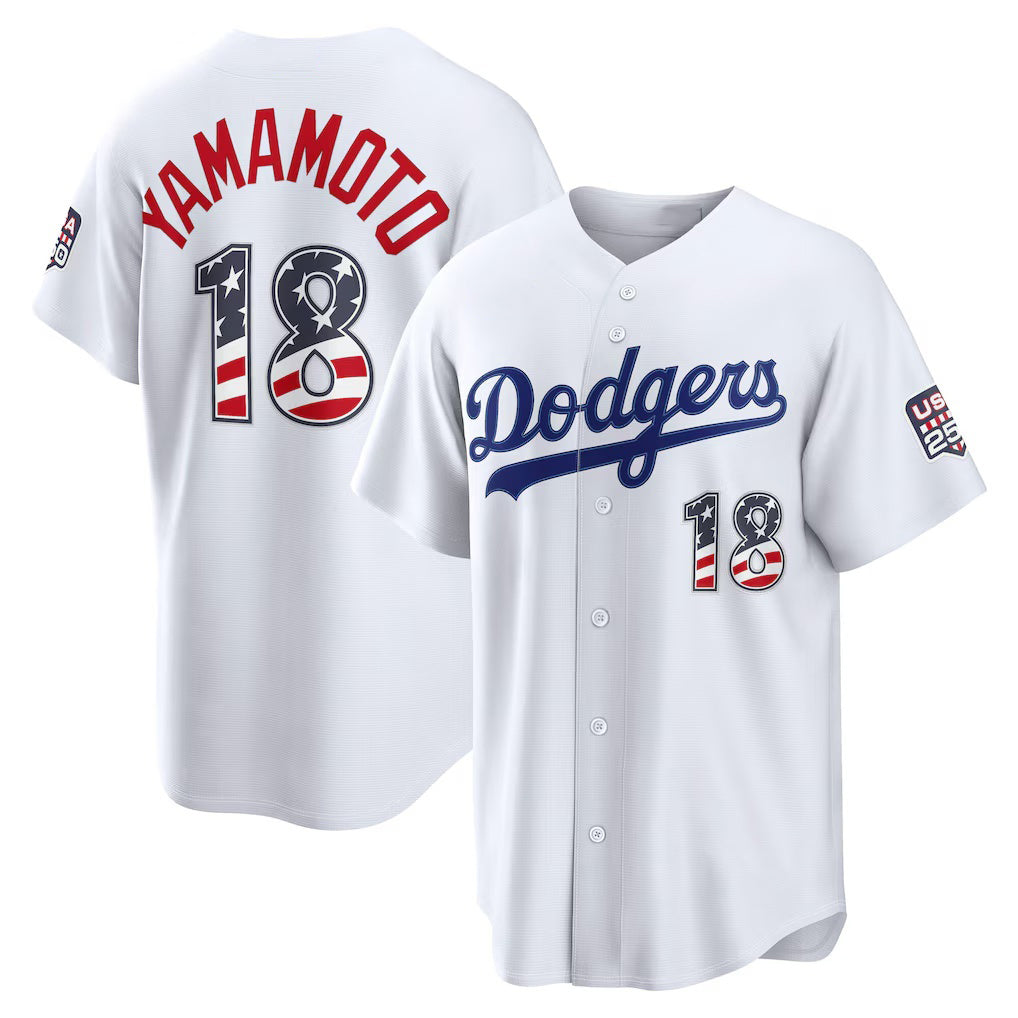 Los Angeles Dodgers #18 Yoshinobu Yamamoto White MWATKINS USA 250 Fourth of July Home Stadium Jersey