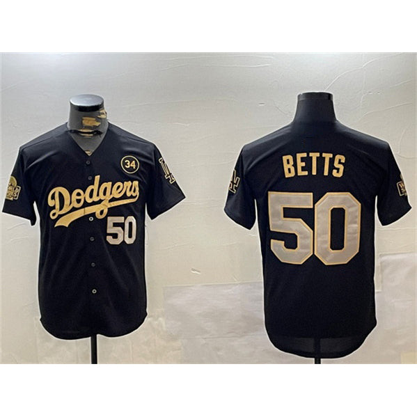 Los Angeles Dodgers #50 Mookie Betts Black Gold MWATKINS 2024 World Series With No. 34 Patch Limited Stitched Jersey