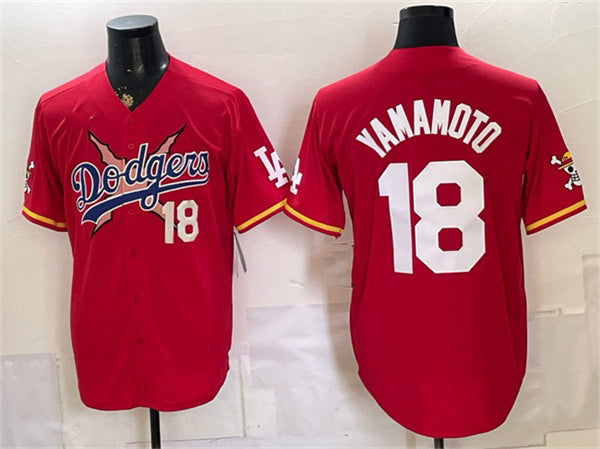 Los Angeles Dodgers x One Piece #18 Yoshinobu Yamamoto Red MWATKINS Vapor Premier Limited Stitched Jersey