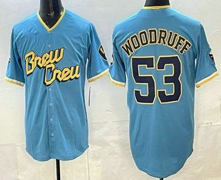 Milwaukee Brewers #53 Brandon Woodruff Powder Blue MWATKINS 2022 City Connect Cool Base Jerse