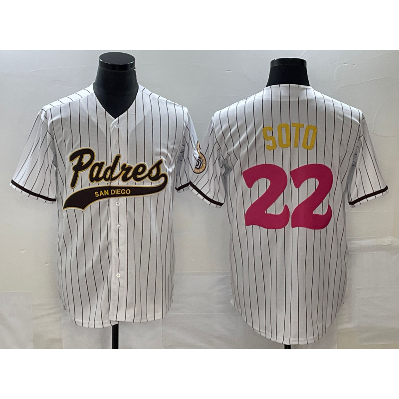San Diego Padres #22 Juan Soto White MWATKINS Pinstripe 2023 City Connect Cool Base Stitched Jersey 2