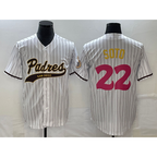 San Diego Padres #22 Juan Soto White MWATKINS Pinstripe 2023 City Connect Cool Base Stitched Jersey 2