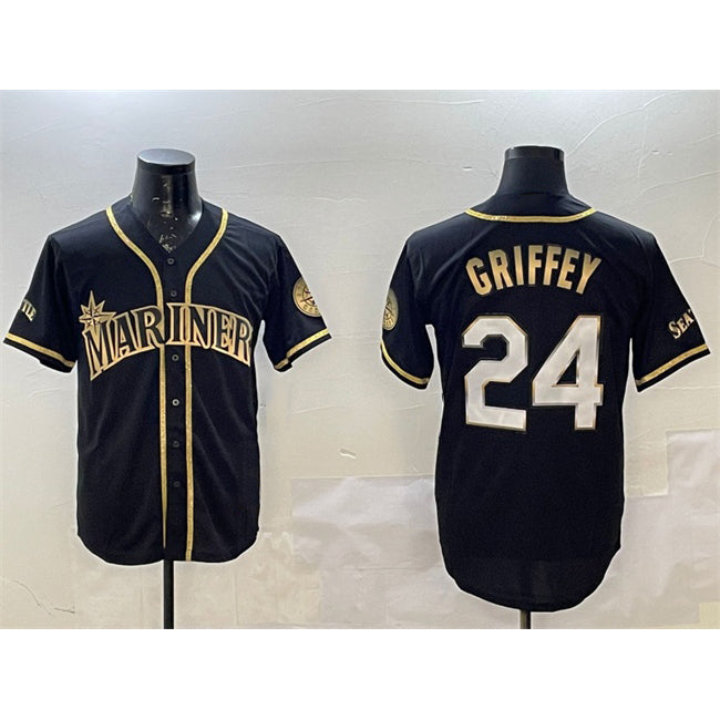 Seattle Mariners #24 Ken Griffey Jr. Black Gold MWATKINS Cool Base Stitched Jersey