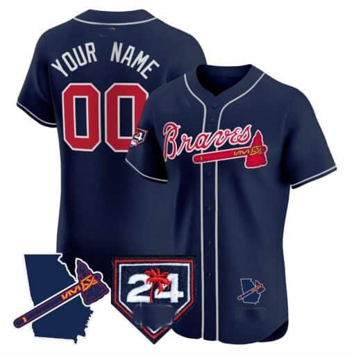 Custom Atlanta Braves 2024 Spring Training & Georgia Patch Vapor Premier Elite Jersey ¨CNavy MWATKINS