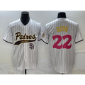 San Diego Padres #22 Juan Soto White MWATKINS Pinstripe 2023 City Connect Cool Base Stitched Jersey