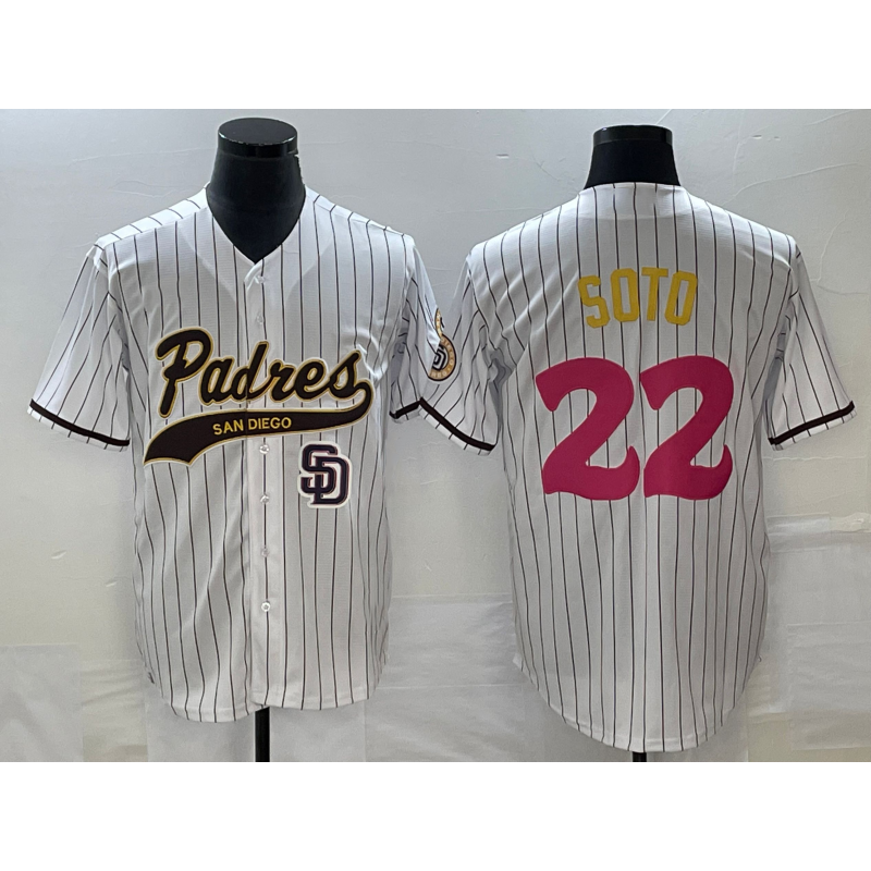 San Diego Padres #22 Juan Soto White MWATKINS Pinstripe 2023 City Connect Cool Base Stitched Jersey
