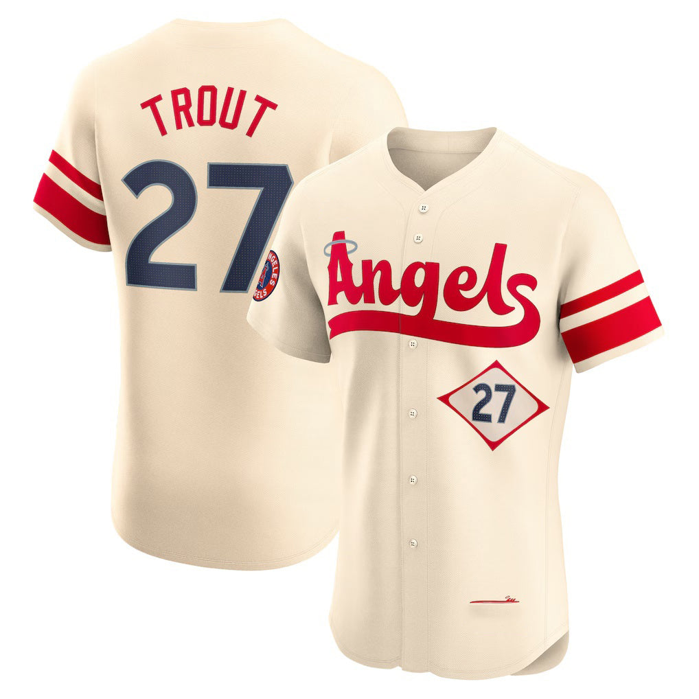 Los Angeles Angels #27 Mike Trout Cream MWATKINS City Connect Elite Player Jersey