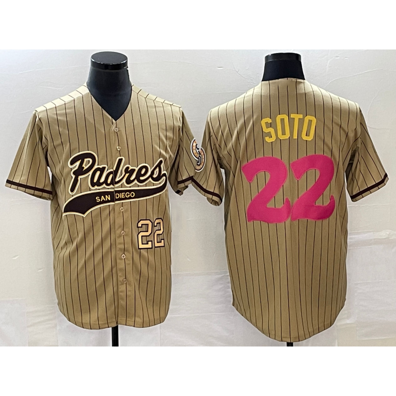 San Diego Padres #22 Juan Soto Number Tan MWATKINS Pinstripe 2023 City Connect Cool Base Stitched Jersey