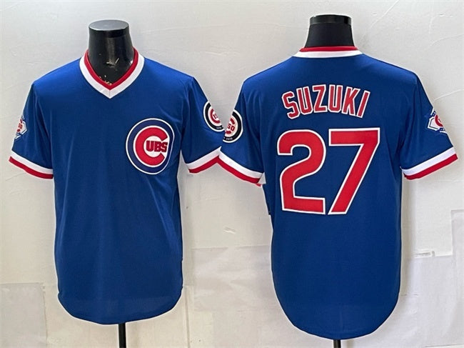 Chicago Cubs #27 Seiya Suzuki Royal MWATKINS 150th Anniversary Throwback Vapor Limited Stitched Jersey
