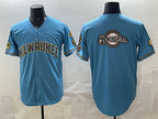 Milwaukee Brewers Team Big Logo Blue MWATKINS With Home & Bob Uecker Patch Stitched Jersey