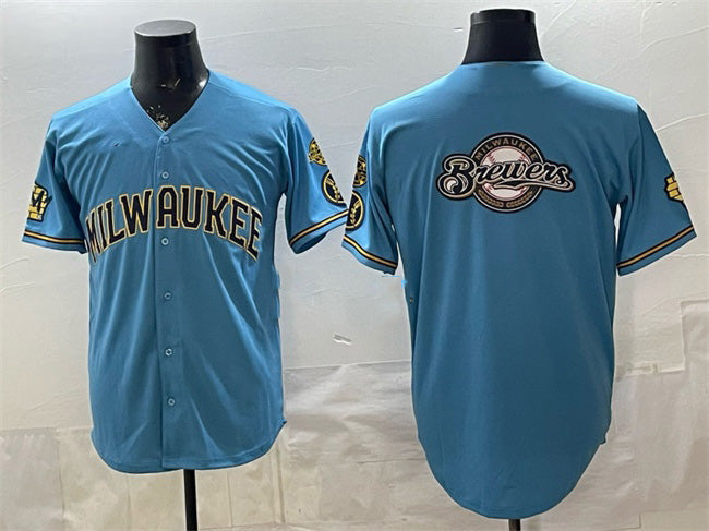 Milwaukee Brewers Team Big Logo Blue MWATKINS With Home & Bob Uecker Patch Stitched Jersey