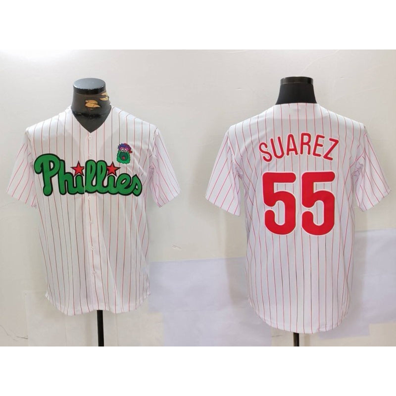 Philadelphia Phillies #55 Ranger Su¨¢rez White Green MWATKINS Cool Base Stitched Jersey 2