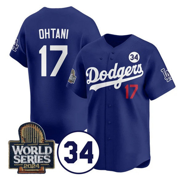 Los Angeles Dodgers #17 Shohei Ohtani Royal MWATKINS 2024 World Series With No. 34 Patch Cool Base Stitched Jersey