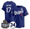 Los Angeles Dodgers #17 Shohei Ohtani Royal MWATKINS 2024 World Series With No. 34 Patch Cool Base Stitched Jersey