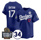 Los Angeles Dodgers #17 Shohei Ohtani Royal MWATKINS 2024 World Series With No. 34 Patch Cool Base Stitched Jersey
