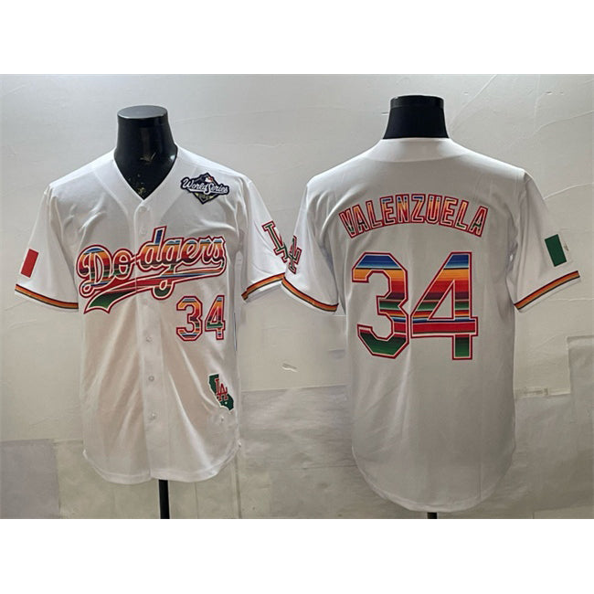 Los Angeles Dodgers #34 Fernando Valenzuela White MWATKINS Mexico California Patch 2025 World Series Patch Stitched Jersey