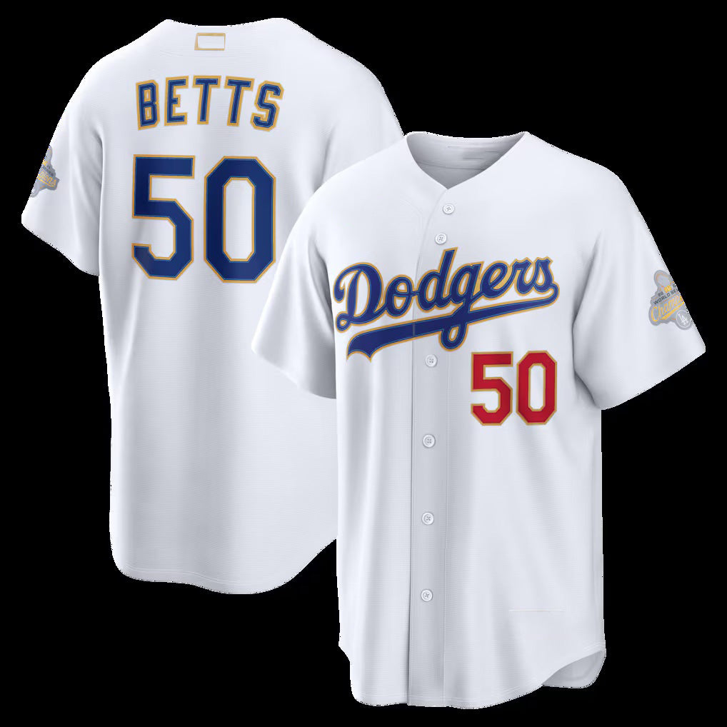 Los Angeles Dodgers #50 Mookie Betts White MWATKINS 2026 Gold Collection Stadium Jersey