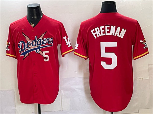Los Angeles Dodgers x One Piece #5 Freddie Freeman Red MWATKINS Vapor Premier Limited Stitched Jersey