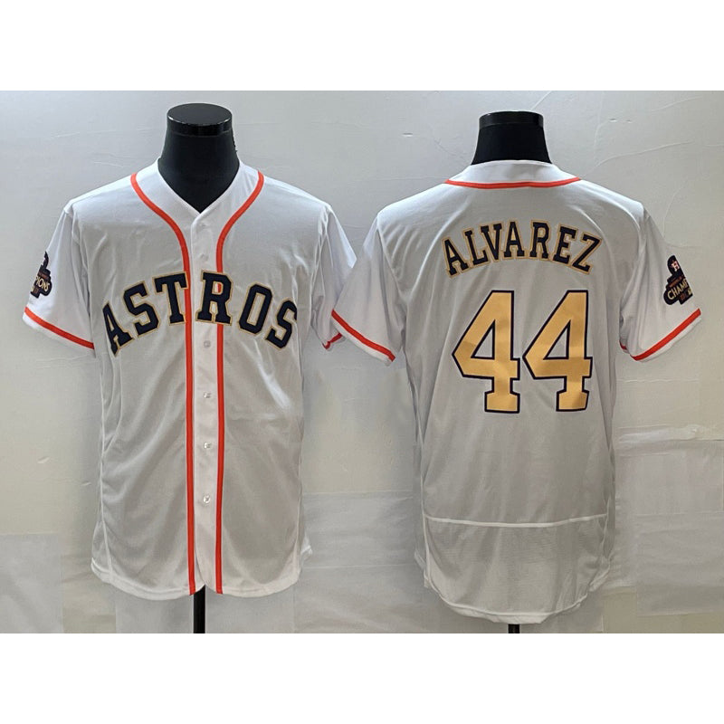 Houston Astros #44 Yordan Alvarez 2023 White Gold MWATKINS World Serise Champions Patch Flex Base Stitched Jersey