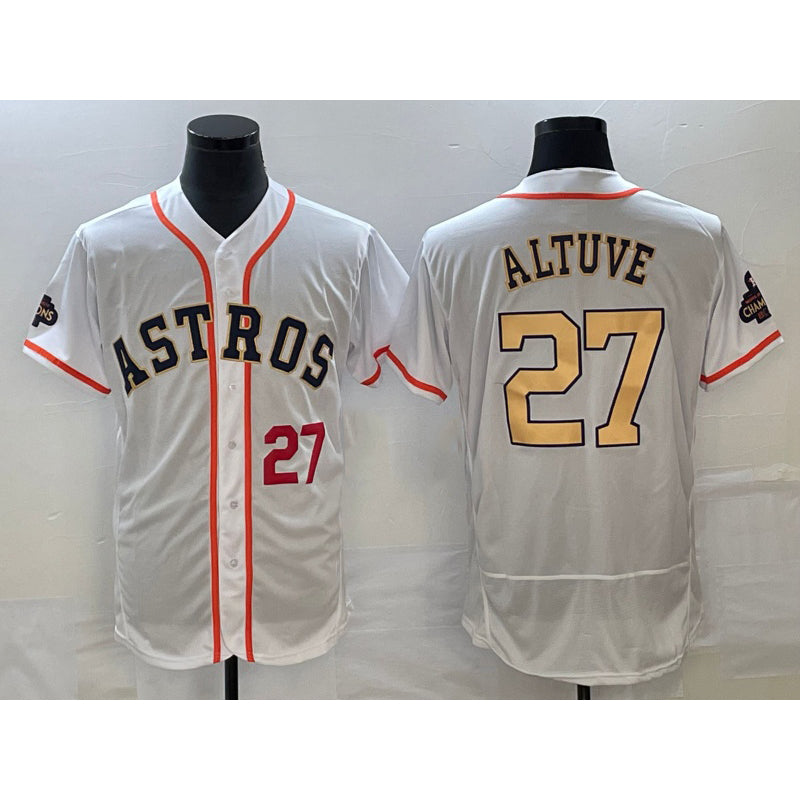 Houston Astros #27 Jose Altuve Number 2023 White MWATKINS Gold World Serise Champions Patch Flex Base Stitched Jersey