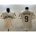Milwaukee Brewers #9 Bob Uecker Cream MWATKINS With Home Patch Stitched Jersey