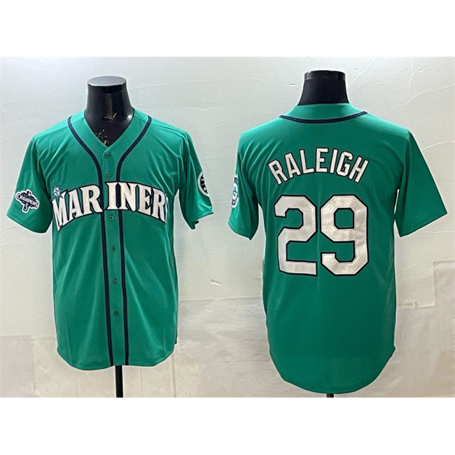 Seattle Mariners #29 Cal Raleigh Aqua MWATKINS With 2025 AL West Division Champions Patch Limited Stitched jersey