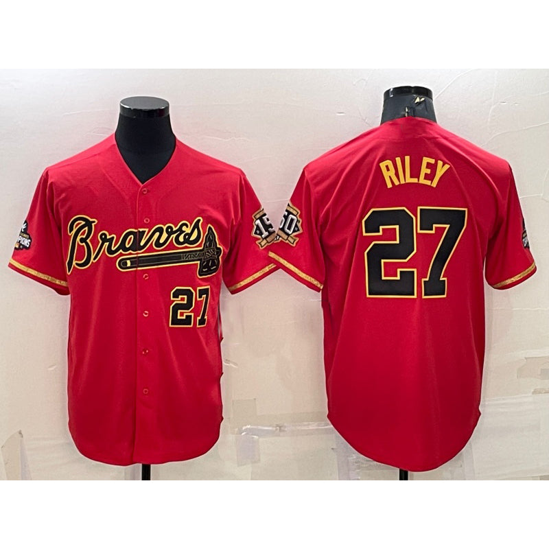 Atlanta Braves #27 Austin Riley Red Gold MWATKINS World Series Champions Program Cool Base Stitched Jersey