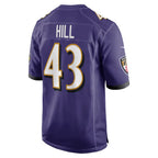 B.Ravens #43 Justice Hill Purple MWATKINS Game Jersey