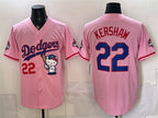 Los Angeles Dodgers #22 Clayton Kershaw Pink MWATKINS Hello Kitty Night 2025 World Series Champions Patch Stitched Jersey