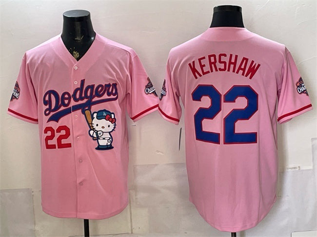 Los Angeles Dodgers #22 Clayton Kershaw Pink MWATKINS Hello Kitty Night 2025 World Series Champions Patch Stitched Jersey