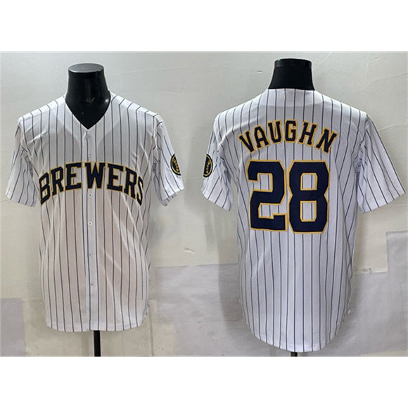 Milwaukee Brewers #28 Andrew Vaughn White MWATKINS Pinstripe 2025 With Patch Stitched Jersey
