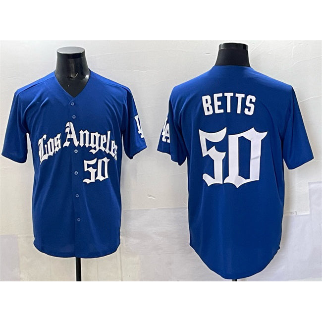 Los Angeles Dodgers #50 Mookie Betts Blue MWATKINS 2025 LA Gothic Style With Fernando Patch Vapor Premier Limited Stitched Jersey