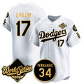 Los Angeles Dodgers #17 Shohei Ohtani White Gold MWATKINS 2025 World Series With No.34 Patch Limited Stitched Jersey