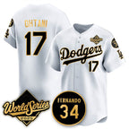 Los Angeles Dodgers #17 Shohei Ohtani White Gold MWATKINS 2025 World Series With No.34 Patch Limited Stitched Jersey