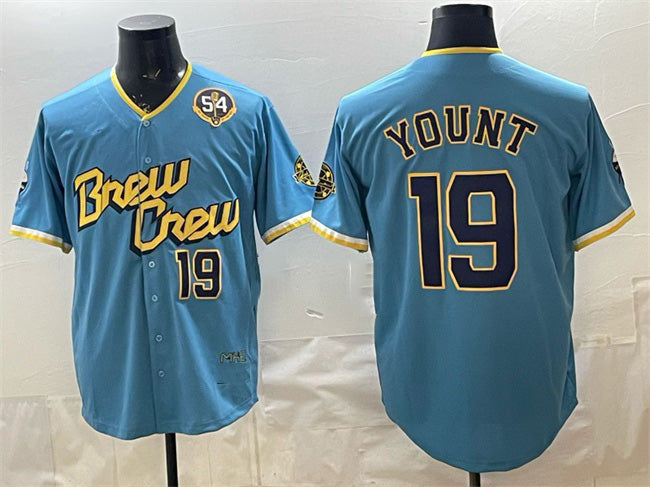 Milwaukee Brewers #19 Robin Yount Powder Blue MWATKINS City Connect With Home & Bob Uecker Patch Limited Stitched Jersey