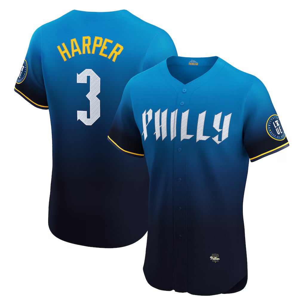 Philadelphia Phillies #3 Bryce Harper Navy MWATKINS City Connect Elite Jersey