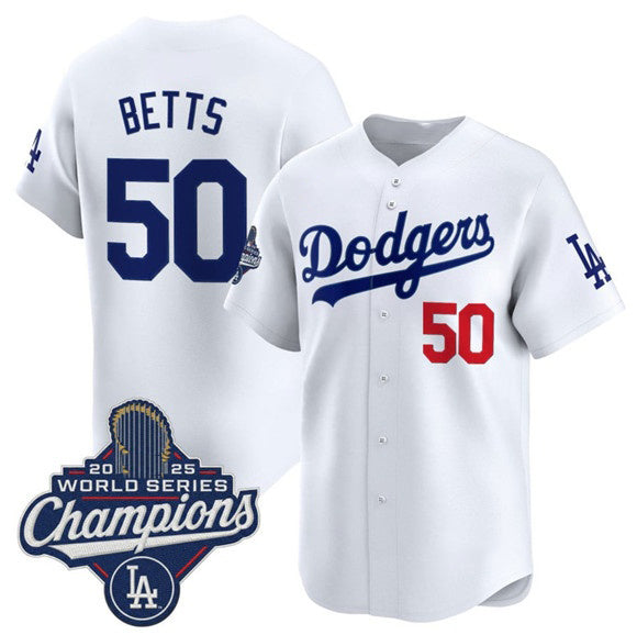 Los Angeles Dodgers #50 Mookie Betts White MWATKINS 2025 Champions Stitched Jersey