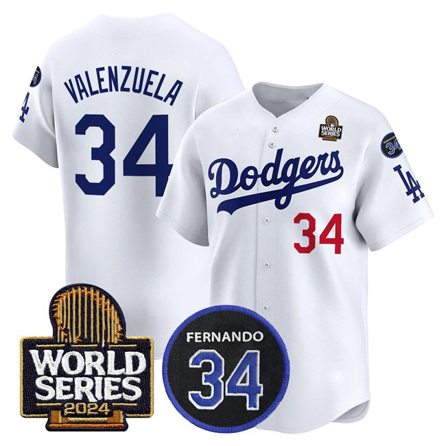 Los Angeles Dodgers #34 Toro Valenzuela White MWATKINS 2024 World Series With Fernando Memorial Patch Limited Stitched Jersey