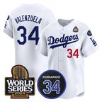 Los Angeles Dodgers #34 Toro Valenzuela White MWATKINS 2024 World Series With Fernando Memorial Patch Limited Stitched Jersey