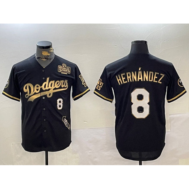 Los Angeles Dodgers #8 Enrique Hernandez Black Gold MWATKINS 2024 World Series With Vin & California Patch Vapor Premier Limited Stitched Jersey
