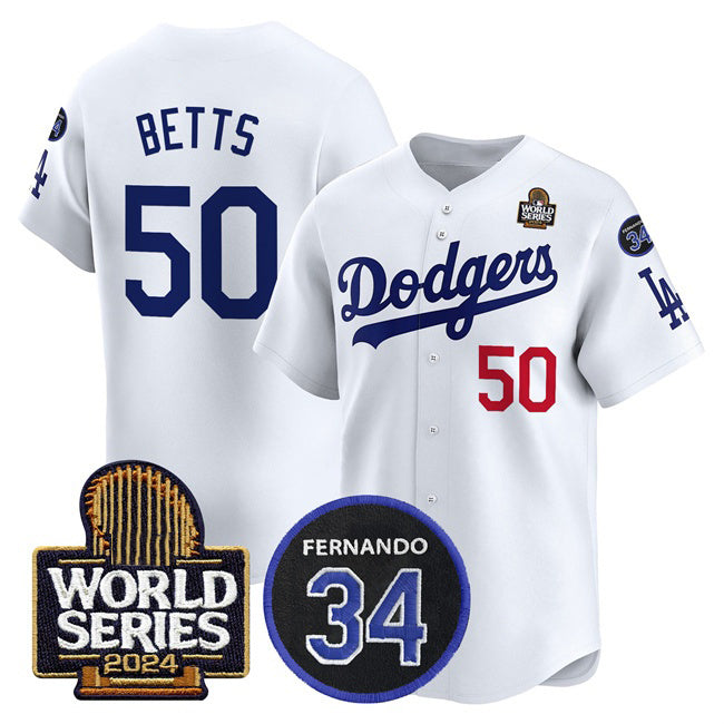 Los Angeles Dodgers #50 Mookie Betts White MWATKINS 2024 World Series With Fernando Memorial Patch Limited Stitched Jersey